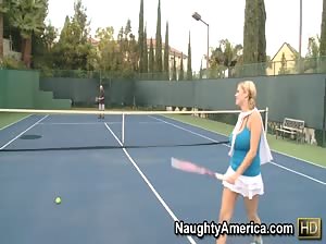 Katie shows off her tennis moves, then takes the game off court for some hot fucking action.